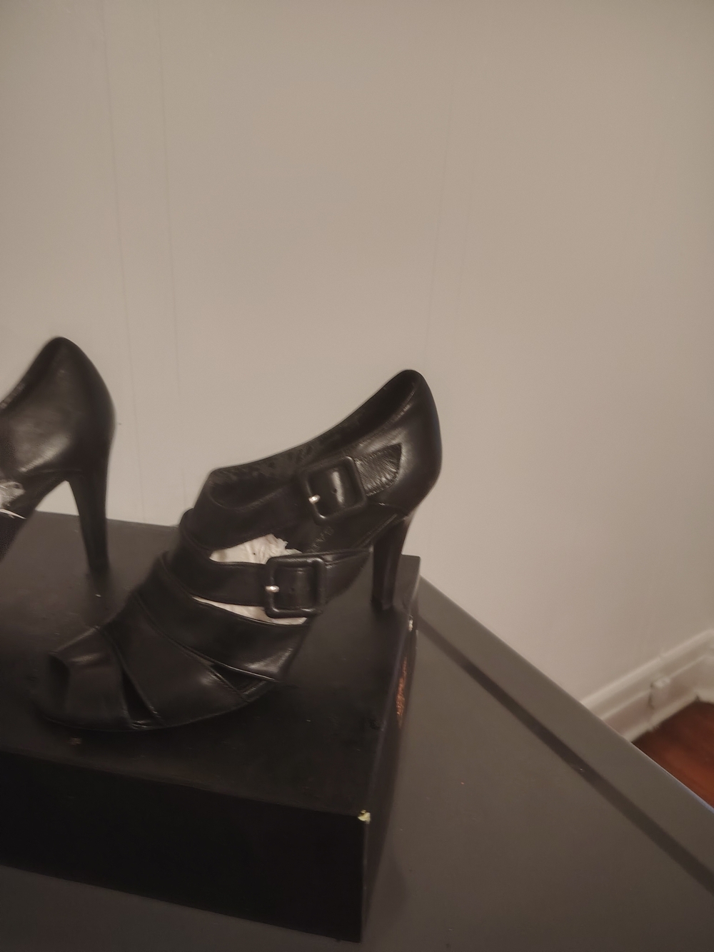 Black Strappy Buckle High-Heel Sandals